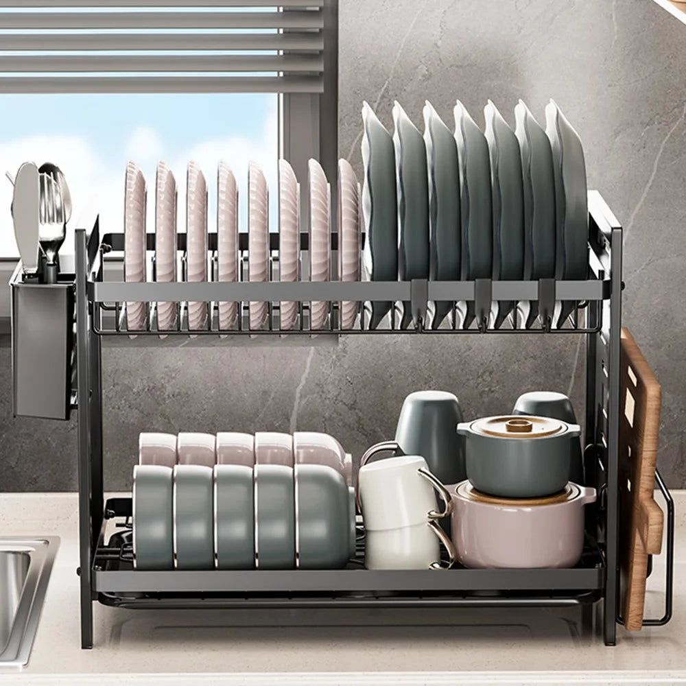Double Layer Dish Drying Rack Iron Kitchen Countertop Drainer Organizer Shelf with Cutlery Holder - Black - 2