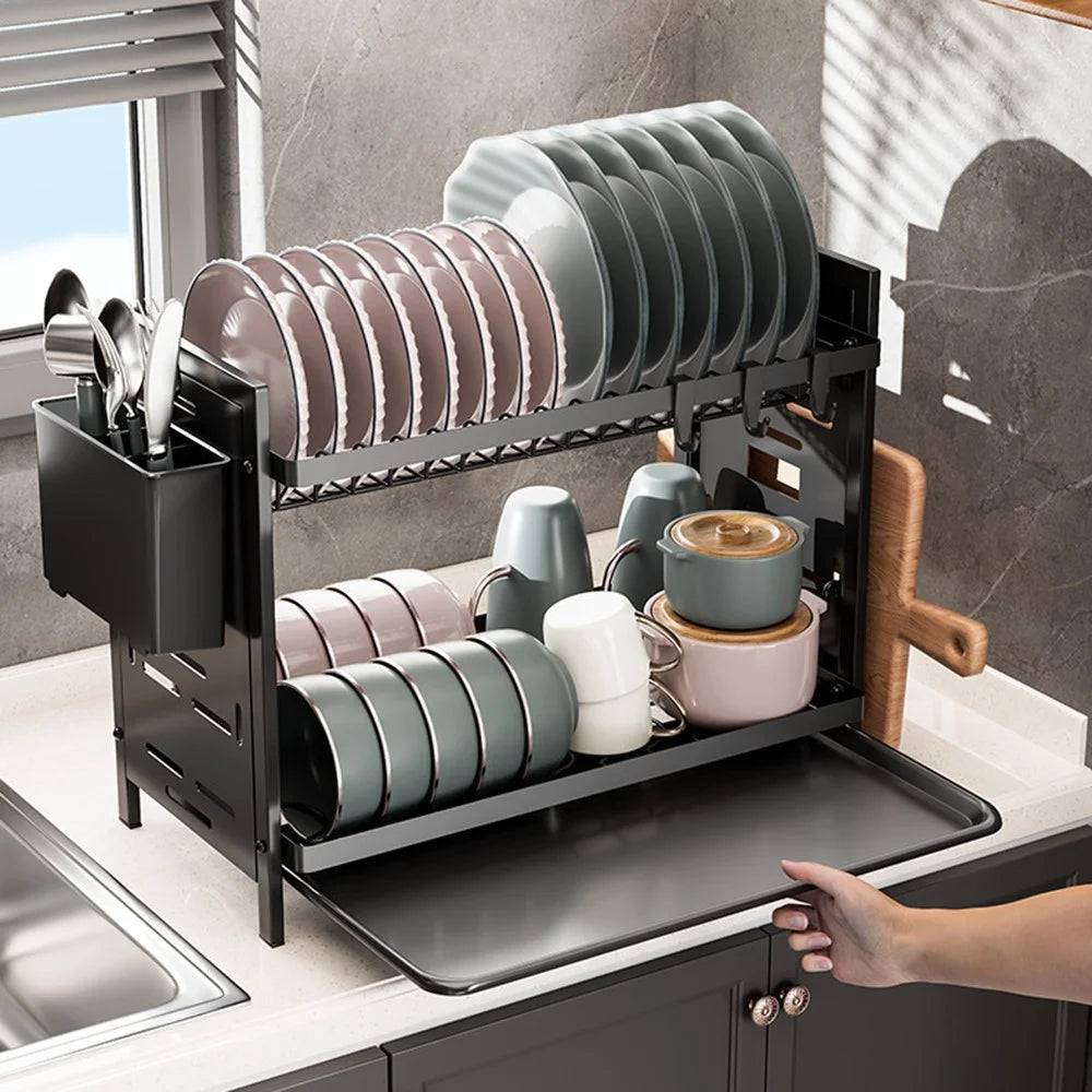 Double Layer Dish Drying Rack Iron Kitchen Countertop Drainer Organizer Shelf with Cutlery Holder - Black - 3