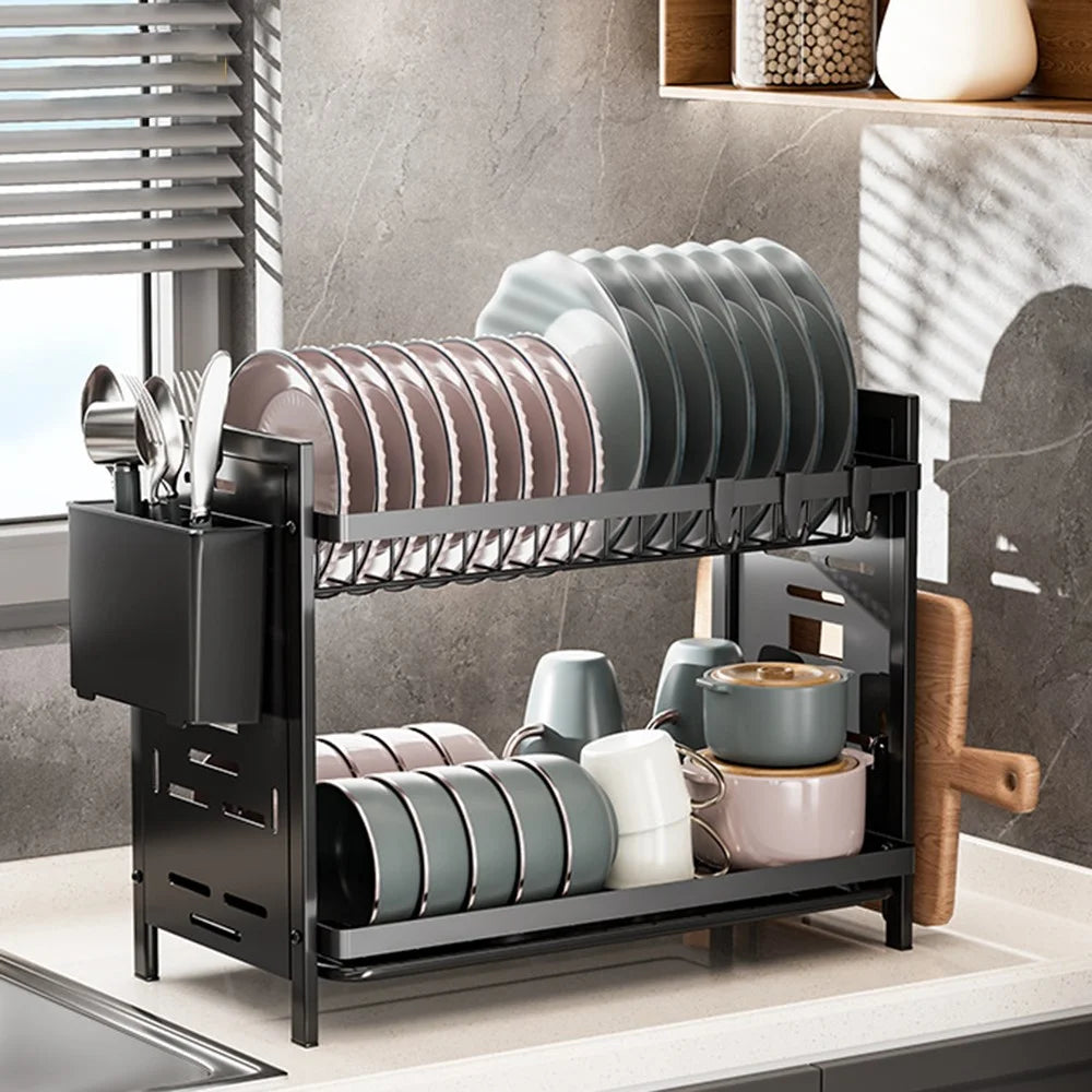 Double Layer Dish Drying Rack Iron Kitchen Countertop Drainer Organizer Shelf with Cutlery Holder - Black - 4