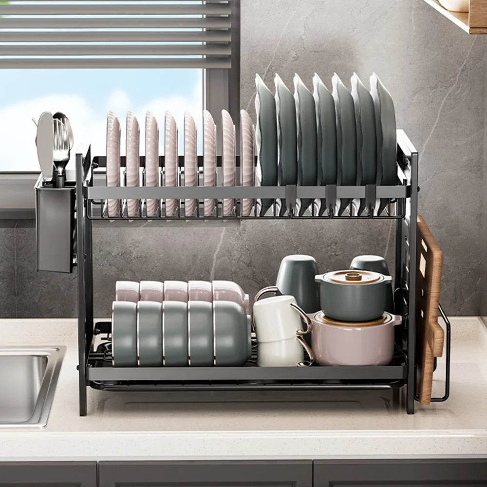 Double Layer Dish Drying Rack Iron Kitchen Countertop Drainer Organizer Shelf with Cutlery Holder - Black - 5