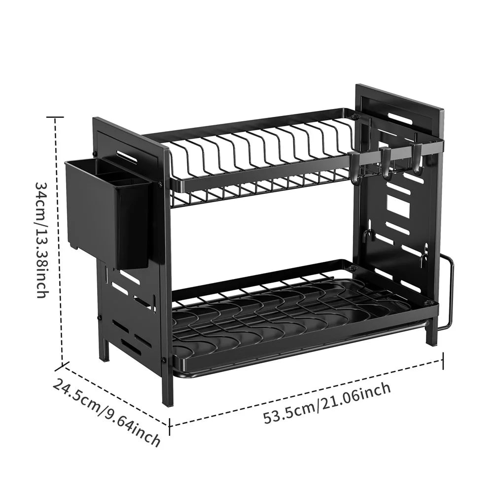 Double Layer Dish Drying Rack Iron Kitchen Countertop Drainer Organizer Shelf with Cutlery Holder - Black - 6