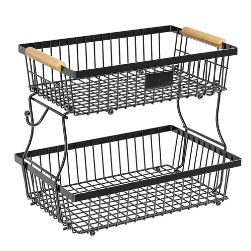 2 Tiers Detachable Fruit Basket Stand with Wooden Handle Iron Desktop Vegetable Storage Organizer Rack - Black - 1