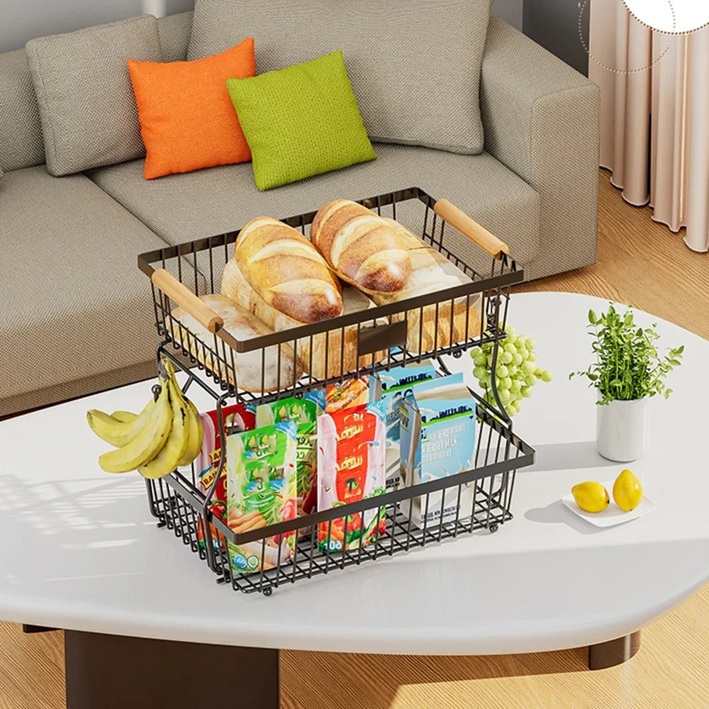 2 Tiers Detachable Fruit Basket Stand with Wooden Handle Iron Desktop Vegetable Storage Organizer Rack - Black - 2