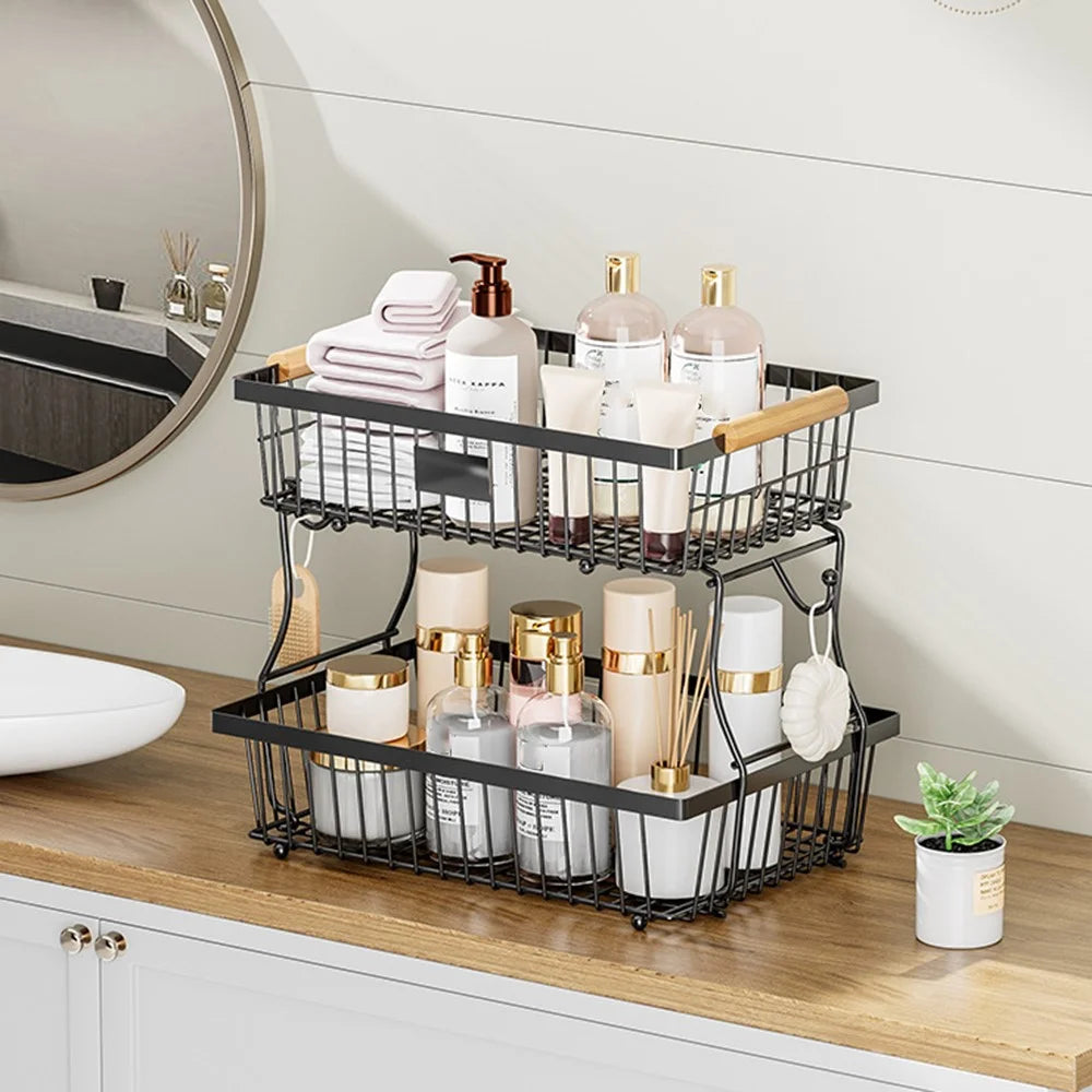 2 Tiers Detachable Fruit Basket Stand with Wooden Handle Iron Desktop Vegetable Storage Organizer Rack - Black - 3