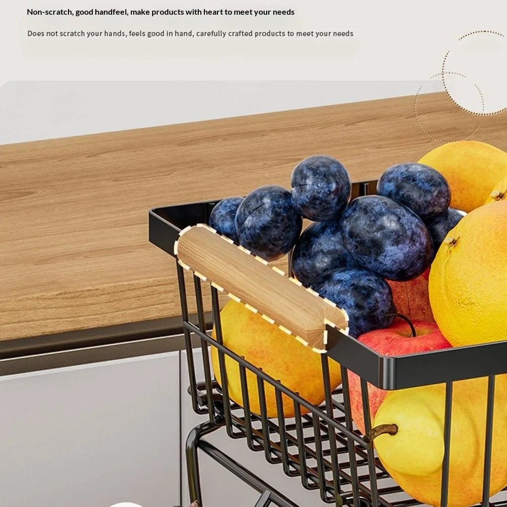 2 Tiers Detachable Fruit Basket Stand with Wooden Handle Iron Desktop Vegetable Storage Organizer Rack - Black - 4