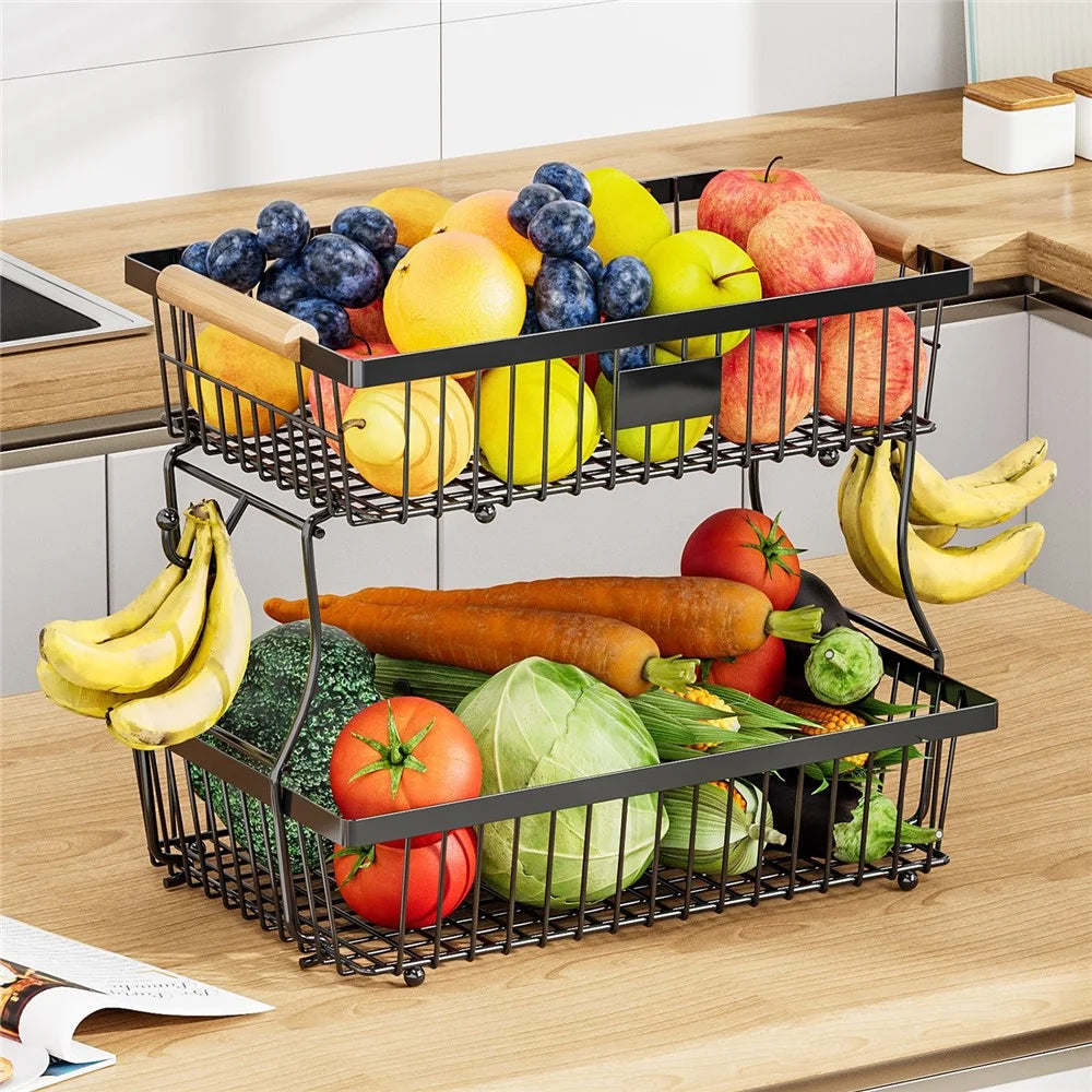 2 Tiers Detachable Fruit Basket Stand with Wooden Handle Iron Desktop Vegetable Storage Organizer Rack - Black - 5