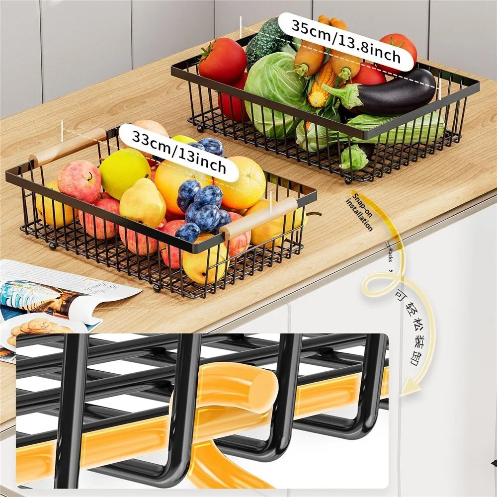 2 Tiers Detachable Fruit Basket Stand with Wooden Handle Iron Desktop Vegetable Storage Organizer Rack - Black - 6