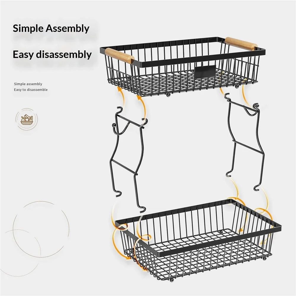 2 Tiers Detachable Fruit Basket Stand with Wooden Handle Iron Desktop Vegetable Storage Organizer Rack - Black - 7