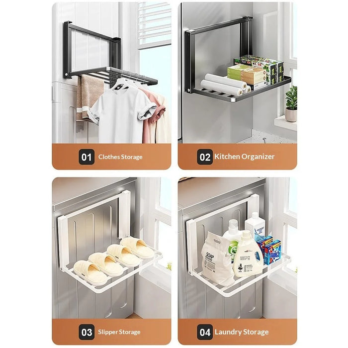 Carbon Steel Magnetic Folding Storage Rack Space Saving No Punching Side Shelf for Washing Machine - White - 5