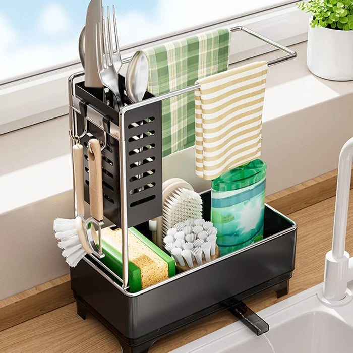 Kitchen Sink Organizer Rack Sponge Holder Dish Cloth Drying Rack with Drainage - Matte Black - 4