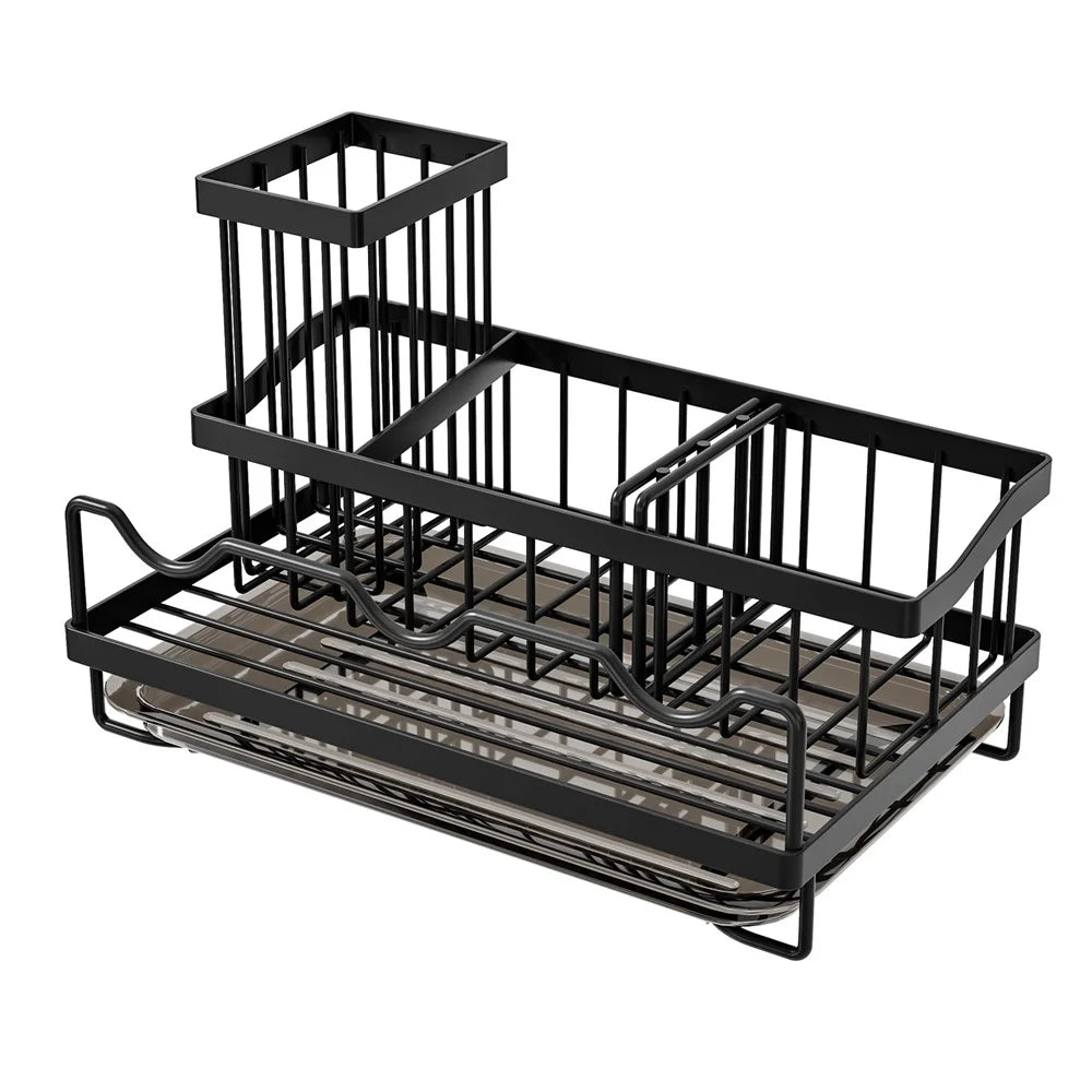 Kitchen Sink Organizer Rack Iron Multi-Compartment Storage Holder Stand with Removable Drip Tray - Black - 1
