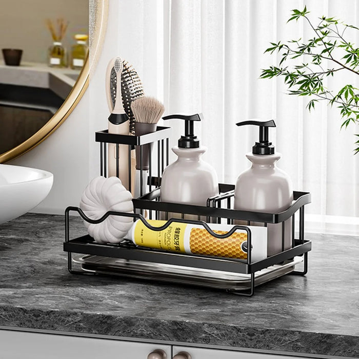 Kitchen Sink Organizer Rack Iron Multi-Compartment Storage Holder Stand with Removable Drip Tray - Black - 2