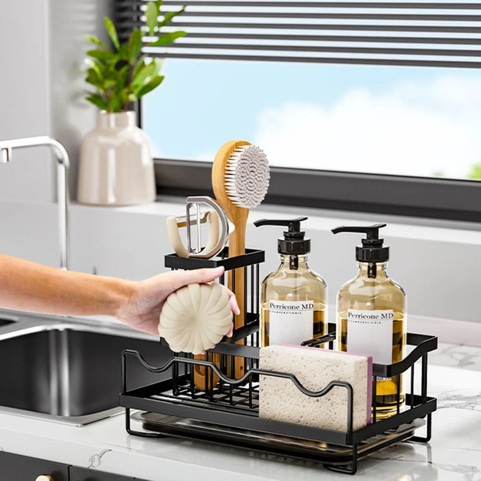 Kitchen Sink Organizer Rack Iron Multi-Compartment Storage Holder Stand with Removable Drip Tray - Black - 3