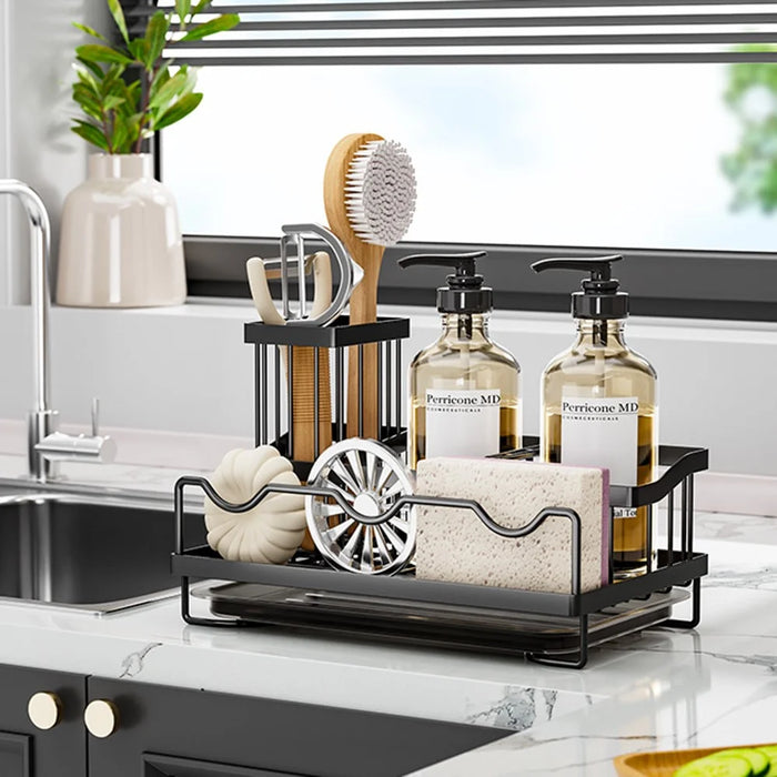 Kitchen Sink Organizer Rack Iron Multi-Compartment Storage Holder Stand with Removable Drip Tray - Black - 4