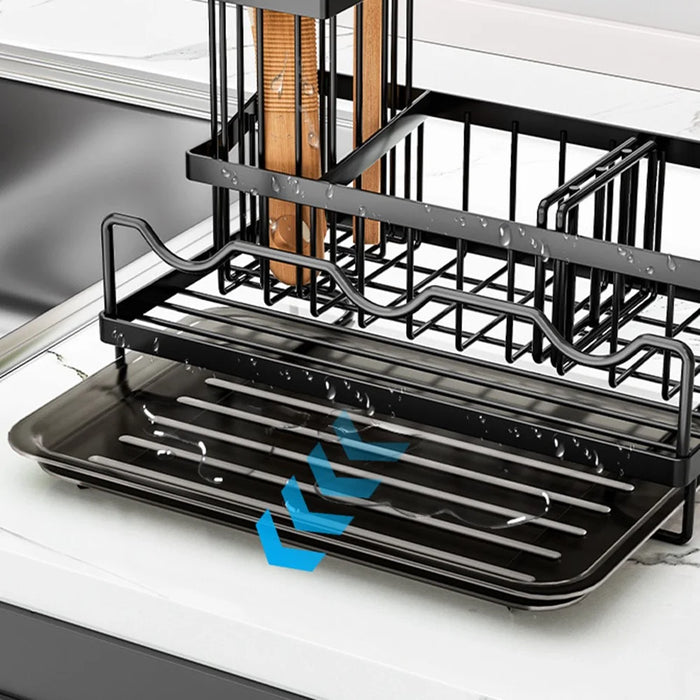 Kitchen Sink Organizer Rack Iron Multi-Compartment Storage Holder Stand with Removable Drip Tray - Black - 5
