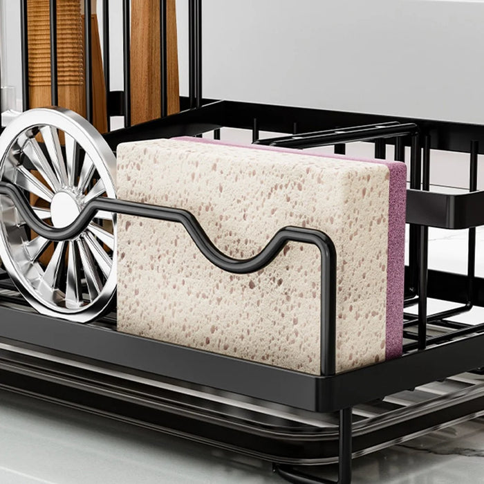 Kitchen Sink Organizer Rack Iron Multi-Compartment Storage Holder Stand with Removable Drip Tray - Black - 7