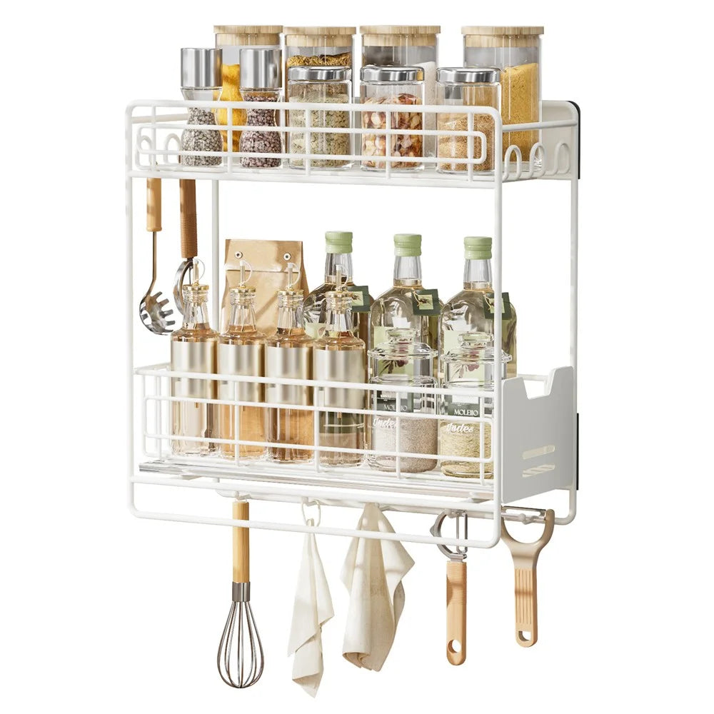 Magnetic Pull-Out Fridge Storage Rack Spice Organizer with Hooks - White - 1