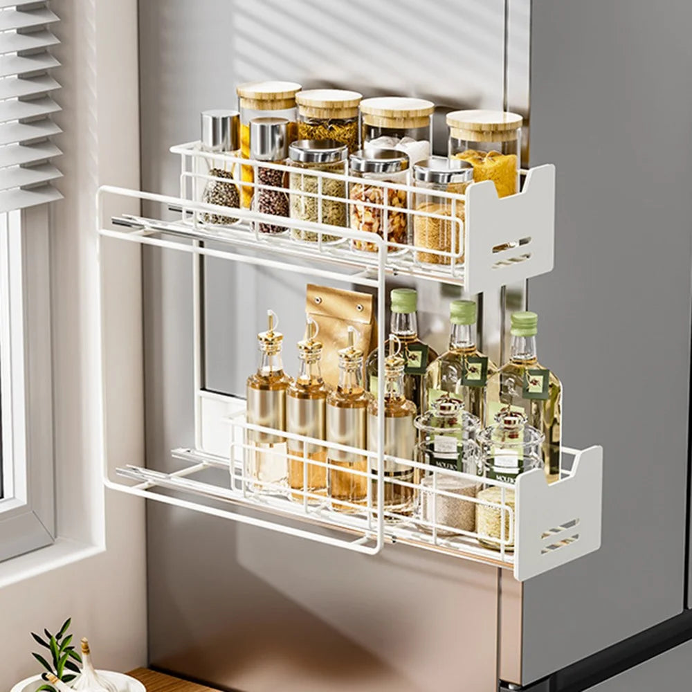 Magnetic Pull-Out Fridge Storage Rack Spice Organizer with Hooks - White - 2