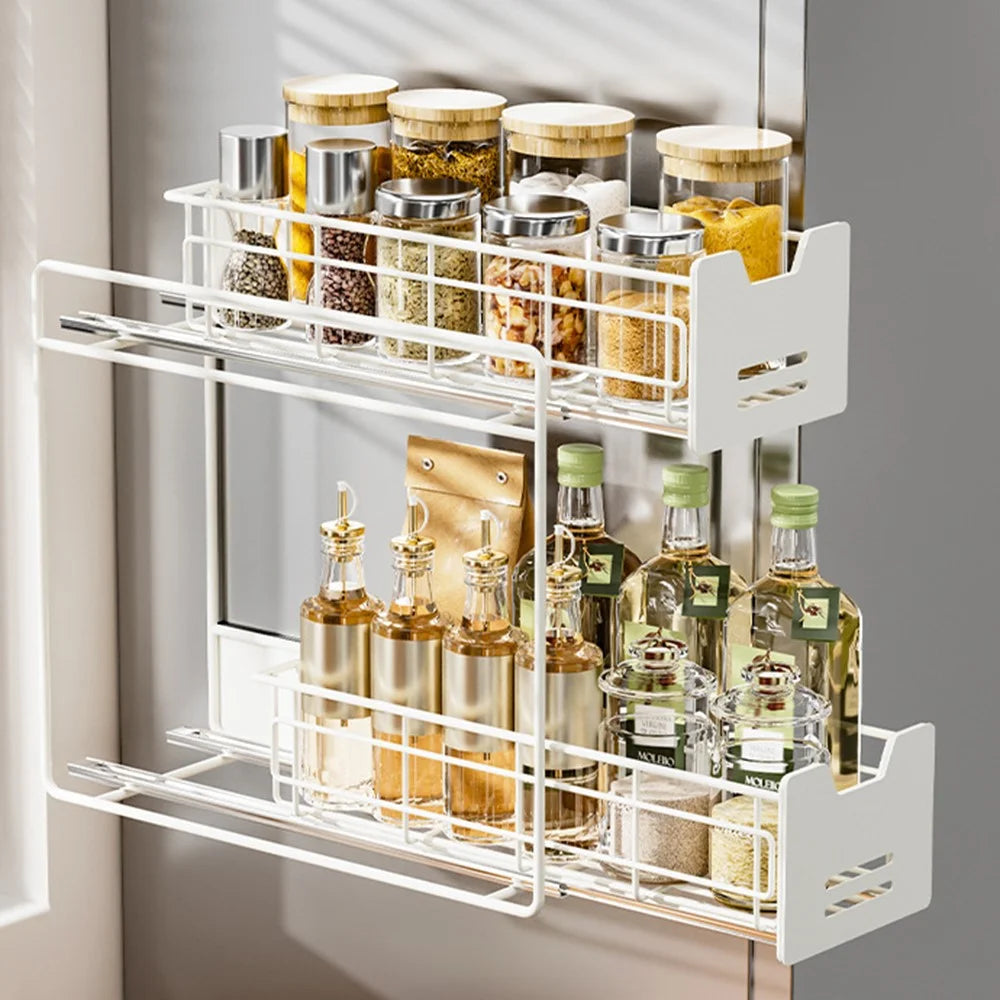 Magnetic Pull-Out Fridge Storage Rack Spice Organizer with Hooks - White - 3