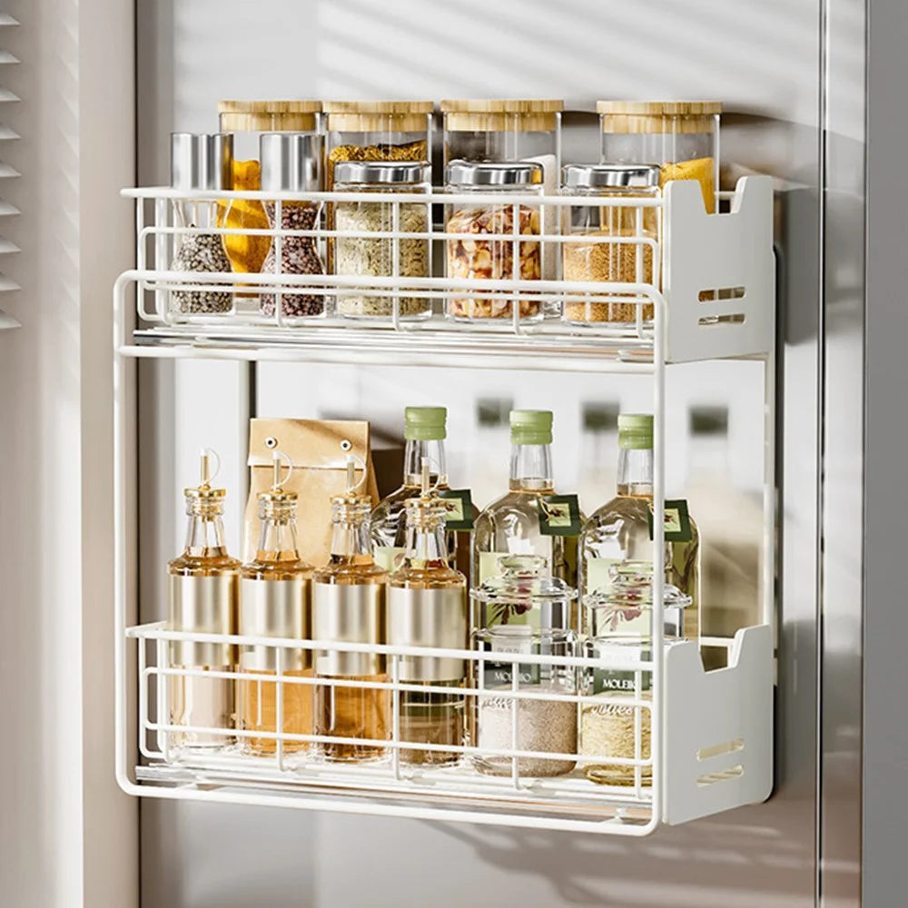 Magnetic Pull-Out Fridge Storage Rack Spice Organizer with Hooks - White - 4