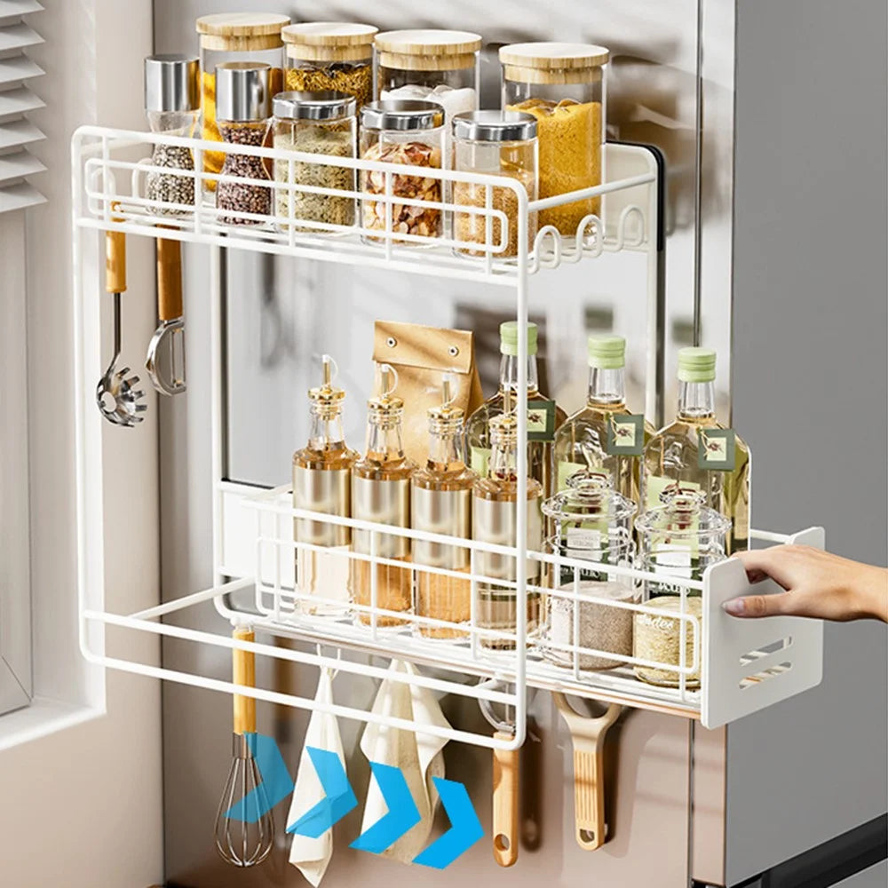 Magnetic Pull-Out Fridge Storage Rack Spice Organizer with Hooks - White - 5