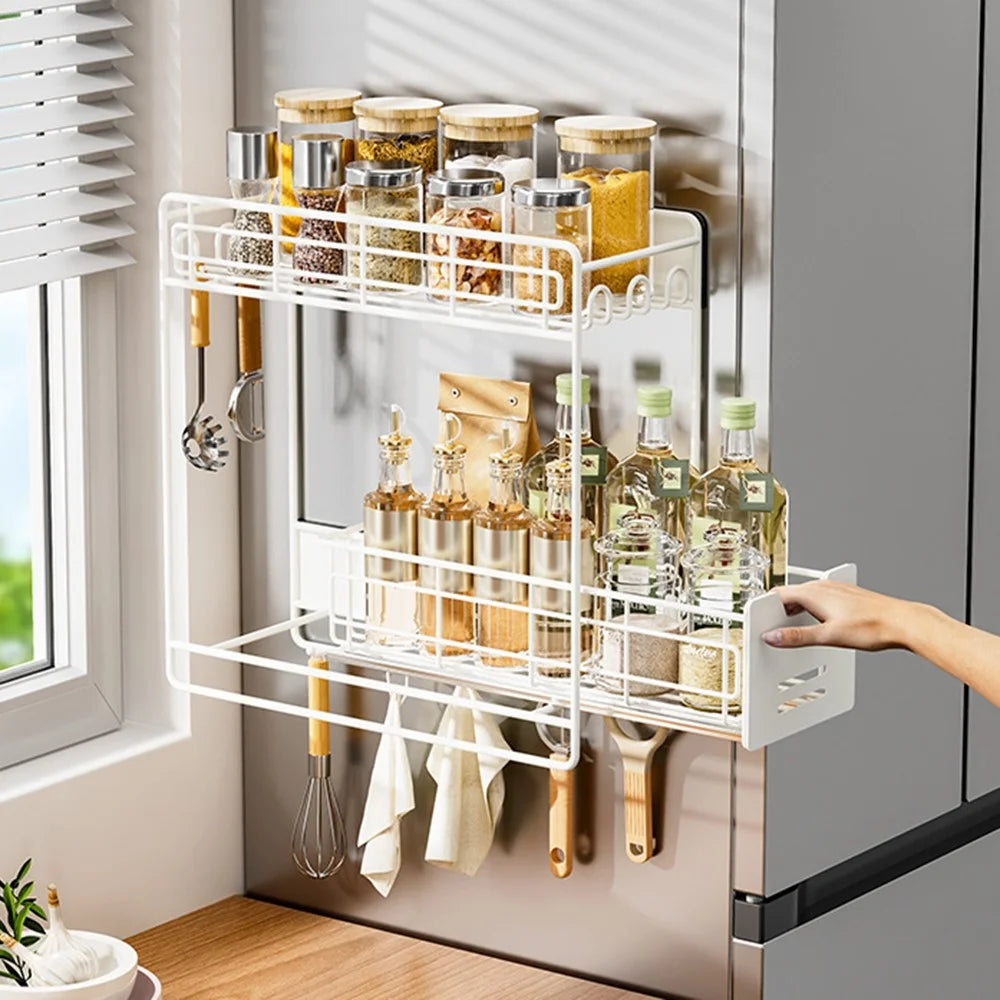 Magnetic Pull-Out Fridge Storage Rack Spice Organizer with Hooks - White - 7