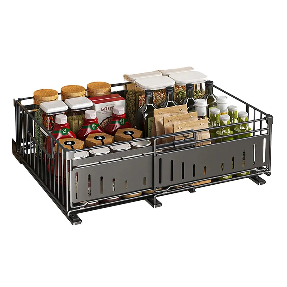 Kitchen Drawer Organizer Expandable Pull Out Storage Basket Cabinet Shelf Rack - Black - 1