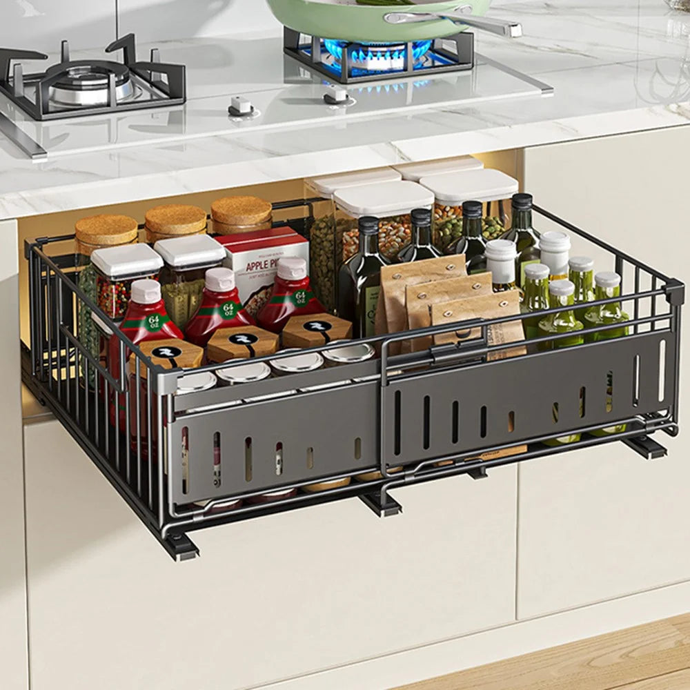 Kitchen Drawer Organizer Expandable Pull Out Storage Basket Cabinet Shelf Rack - Black - 2