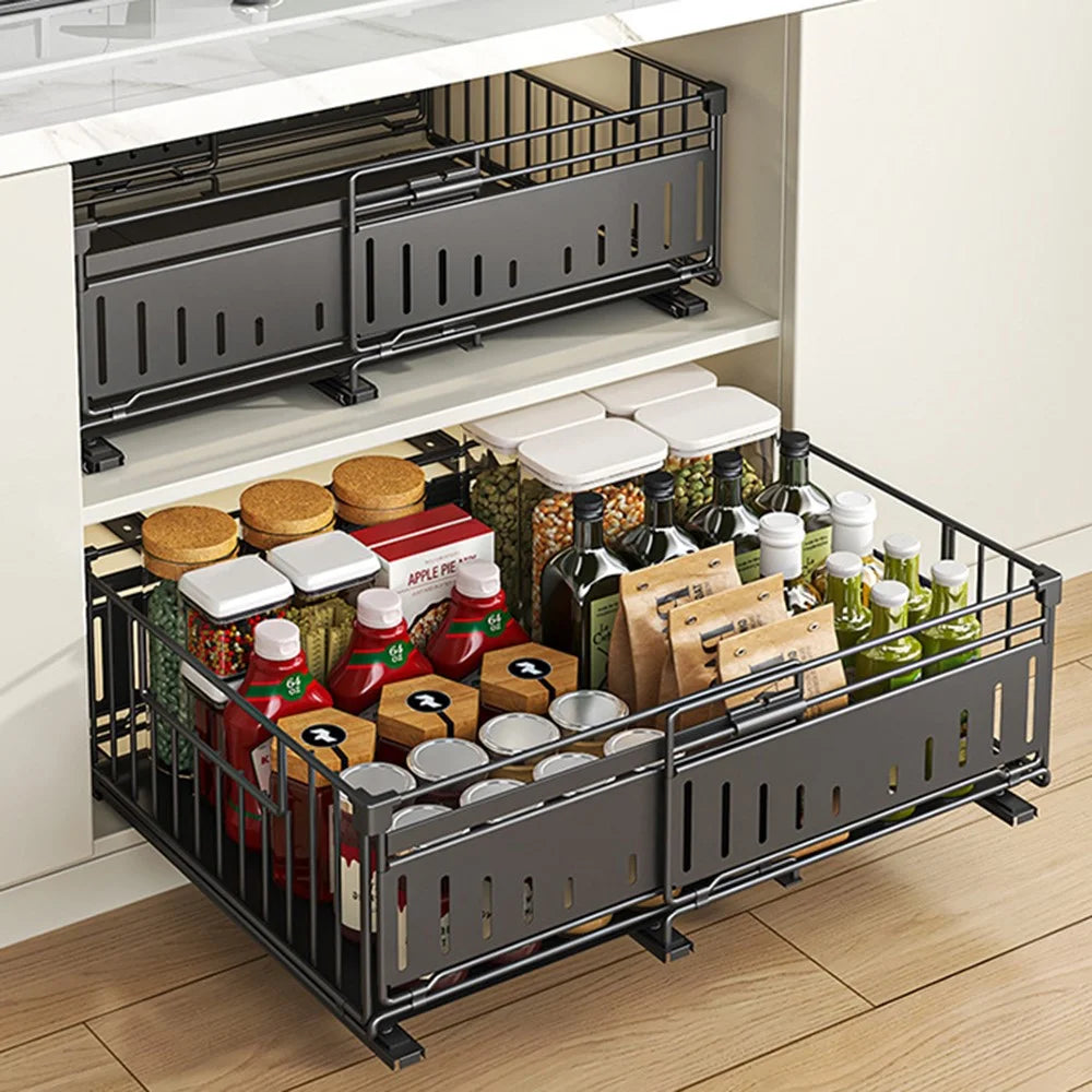Kitchen Drawer Organizer Expandable Pull Out Storage Basket Cabinet Shelf Rack - Black - 3