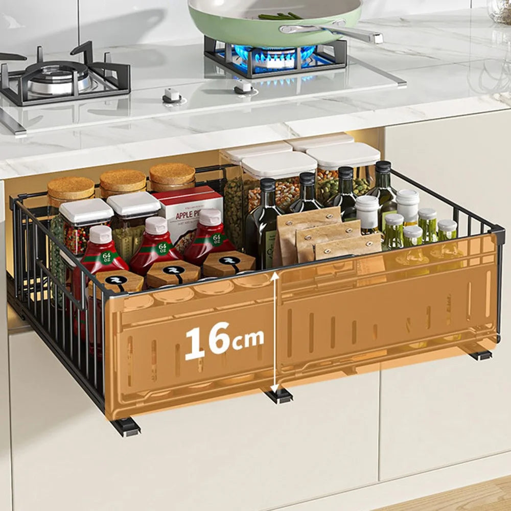 Kitchen Drawer Organizer Expandable Pull Out Storage Basket Cabinet Shelf Rack - Black - 4