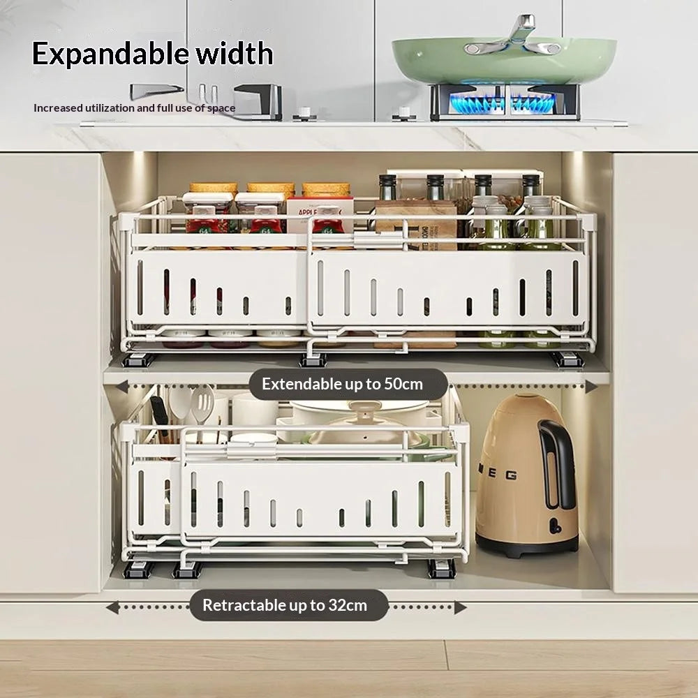 Kitchen Drawer Organizer Expandable Pull Out Storage Basket Cabinet Shelf Rack - Black - 7