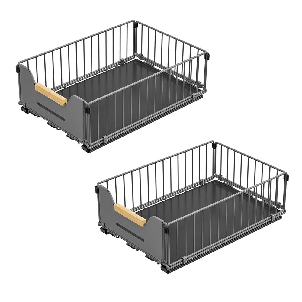 2Pcs Size S 24.5 x 37.5 x 12cm Pull Out Kitchen Cabinet Organizer Rack Slide Drawer Basket - Grey - 1