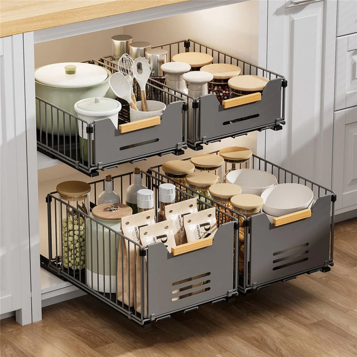 2Pcs Size L 24.5 x 37.5 x 1Pcm Pull Out Kitchen Cabinet Organizer Rack Slide Drawer Basket - Grey - 3