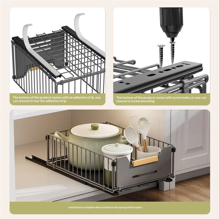 2Pcs Size L 24.5 x 37.5 x 1Pcm Pull Out Kitchen Cabinet Organizer Rack Slide Drawer Basket - Grey - 6