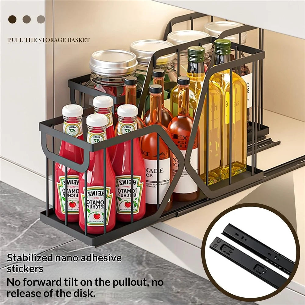 2Pcs Kitchen Drawer Pull-Out Storage Basket X Frame Narrow Space Organizer, Size S + Size L - Black - 2