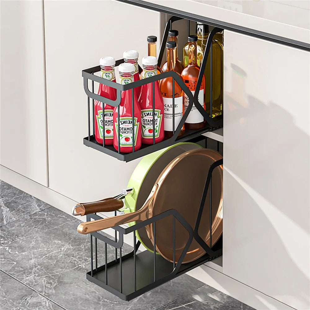 2Pcs Kitchen Drawer Pull-Out Storage Basket X Frame Narrow Space Organizer, Size S + Size L - Black - 3