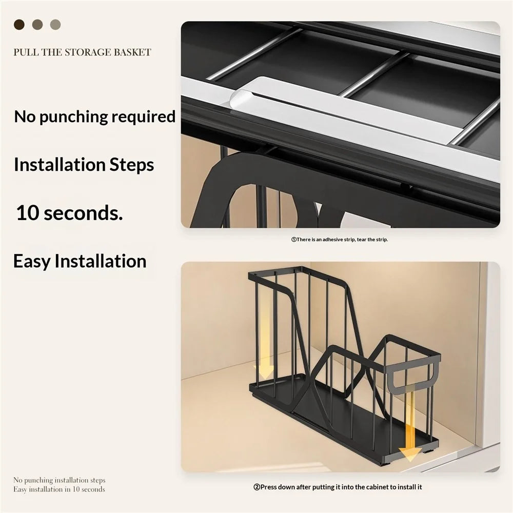 2Pcs Kitchen Drawer Pull-Out Storage Basket X Frame Narrow Space Organizer, Size S + Size L - Black - 5
