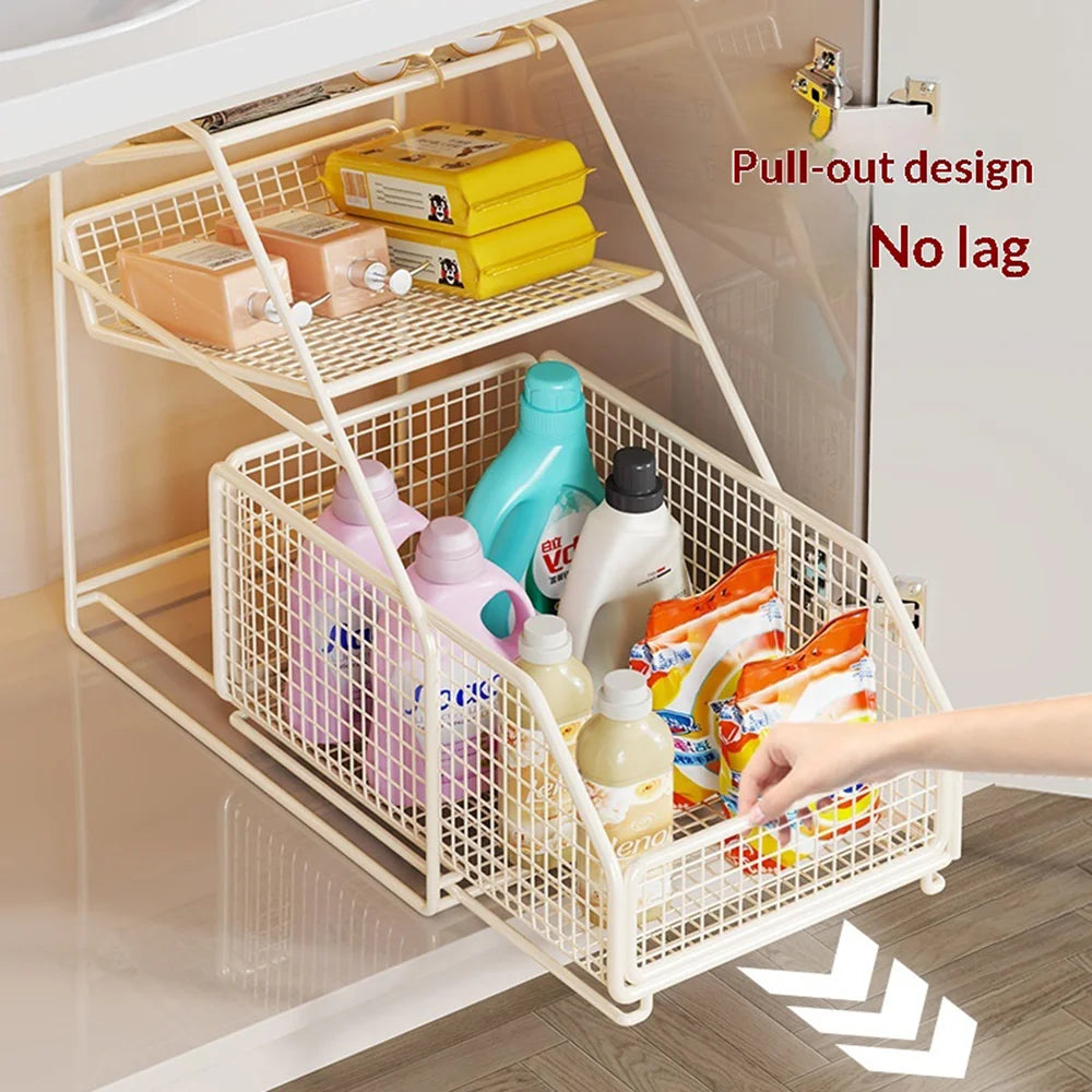 Small Size Under Sink Storage Rack 3-Tier Iron Pull Out Cabinet Drawer Basket for Bathroom Kitchen - White - 2