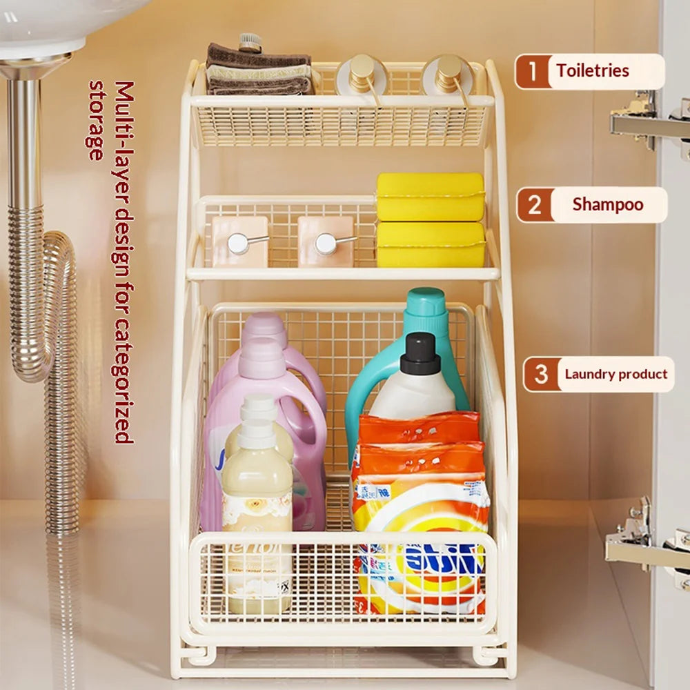 Small Size Under Sink Storage Rack 3-Tier Iron Pull Out Cabinet Drawer Basket for Bathroom Kitchen - White - 3