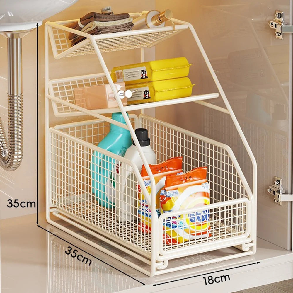 Small Size Under Sink Storage Rack 3-Tier Iron Pull Out Cabinet Drawer Basket for Bathroom Kitchen - White - 6