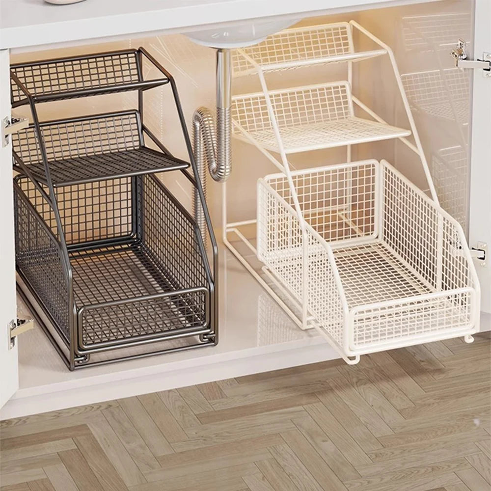 Large Size Under Sink Storage Rack 3-Tier Iron Pull Out Cabinet Drawer Basket for Bathroom Kitchen - White - 5