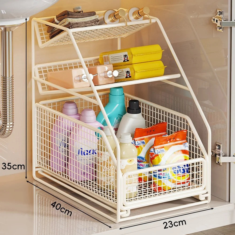 Large Size Under Sink Storage Rack 3-Tier Iron Pull Out Cabinet Drawer Basket for Bathroom Kitchen - White - 6