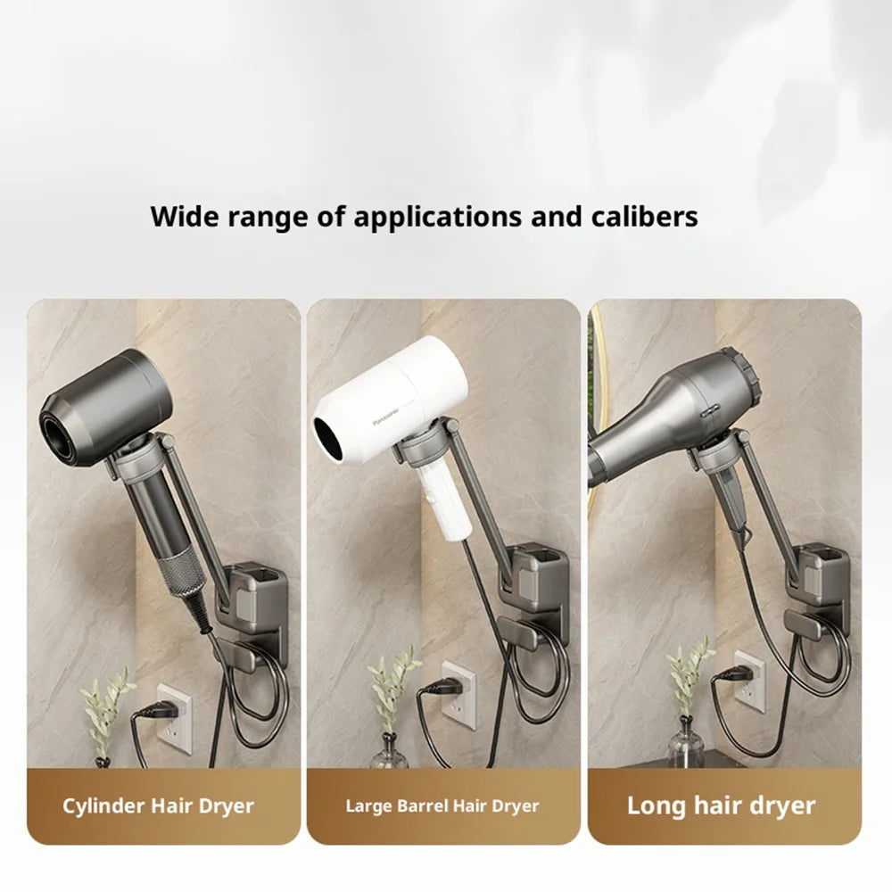 Adjustable Hands Free Hair Dryer Holder Wall Mounted No Drill Bathroom Hair Dryer Storage Rack - Gray - 2