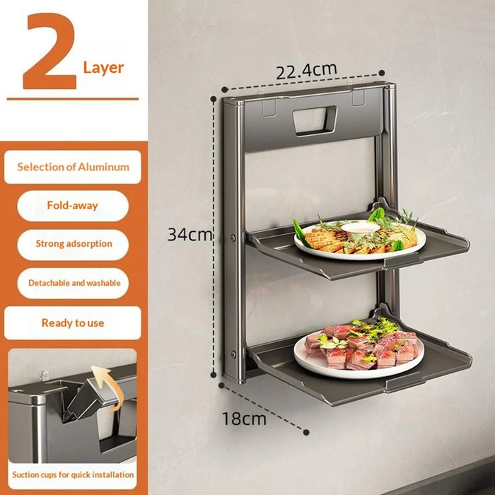 2-Layer Kitchen Suction Cup Shelf Foldable Wall Mount Vegetable Preparation Aluminum No Drill Organizer Rack - Grey - 1