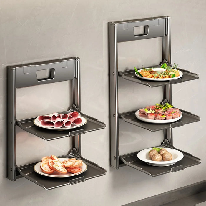 2-Layer Kitchen Suction Cup Shelf Foldable Wall Mount Vegetable Preparation Aluminum No Drill Organizer Rack - Grey - 4