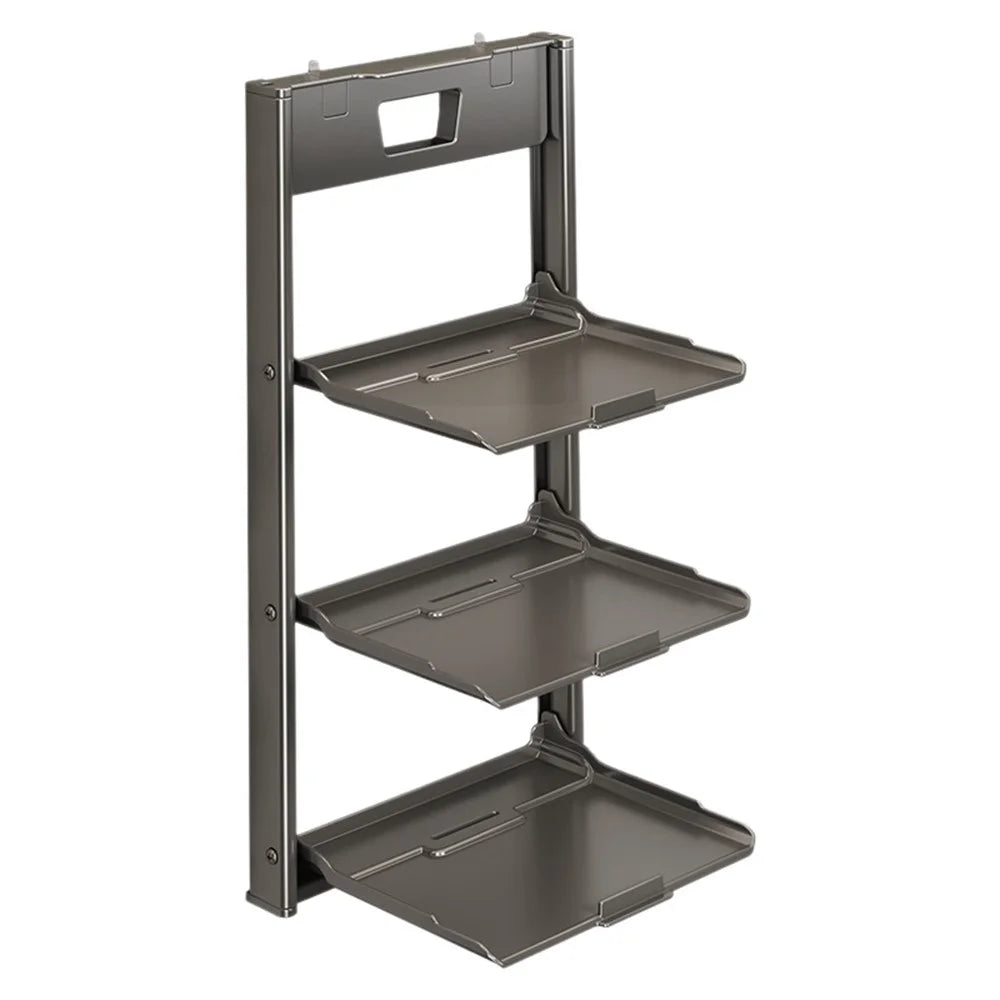 3-Layer Kitchen Suction Cup Shelf Foldable Wall Mount Vegetable Preparation Aluminum No Drill Organizer Rack - Grey - 1