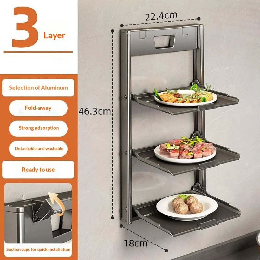 3-Layer Kitchen Suction Cup Shelf Foldable Wall Mount Vegetable Preparation Aluminum No Drill Organizer Rack - Grey - 2