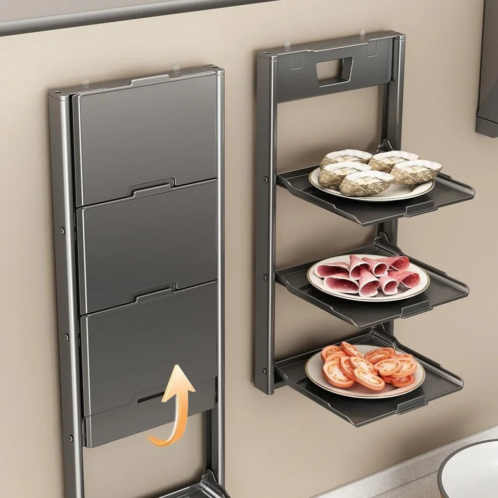 3-Layer Kitchen Suction Cup Shelf Foldable Wall Mount Vegetable Preparation Aluminum No Drill Organizer Rack - Grey - 7