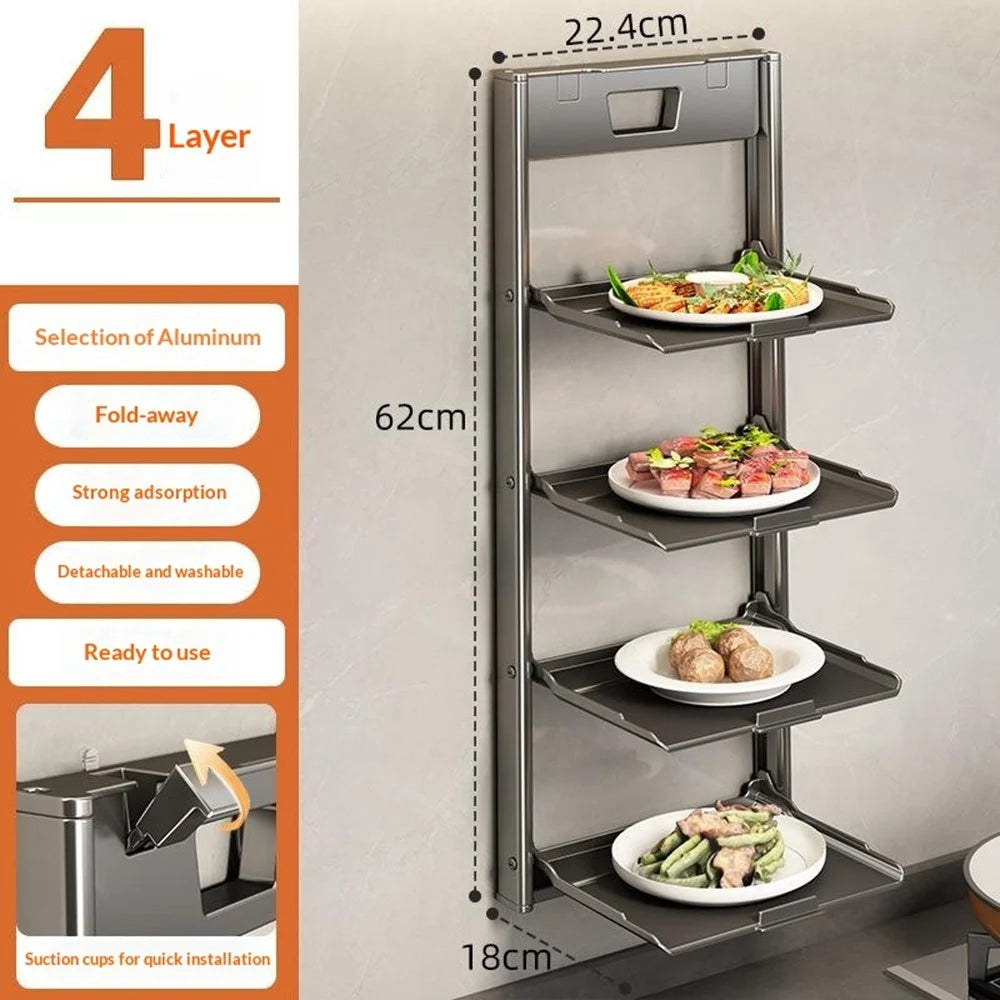 4-Layer Kitchen Suction Cup Shelf Foldable Wall Mount Vegetable Preparation Aluminum No Drill Organizer Rack - Grey - 1