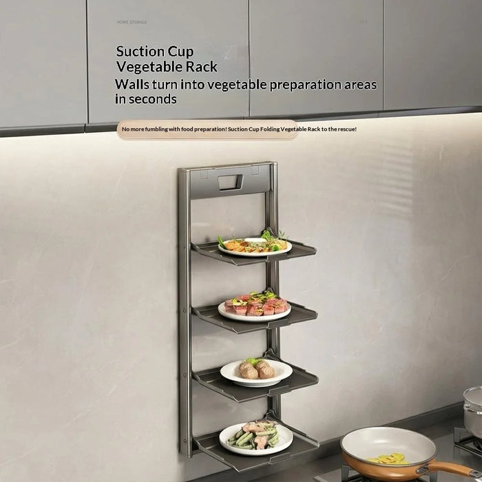 4-Layer Kitchen Suction Cup Shelf Foldable Wall Mount Vegetable Preparation Aluminum No Drill Organizer Rack - Grey - 2